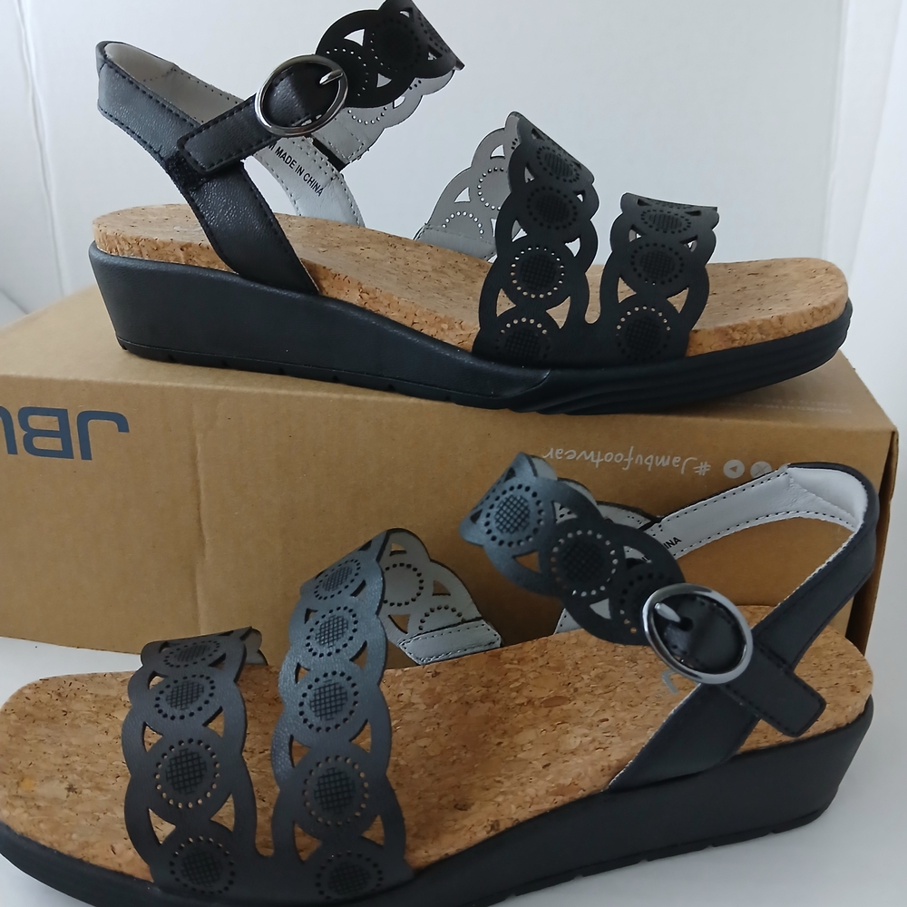 JBU Black Laser-Cut Cork Wedge Sandals